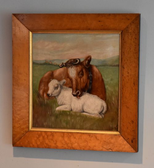 charming victorian oil painting of a cow and calf - CATEGORY: ANTIQUE ART - DATED VICTORIAN