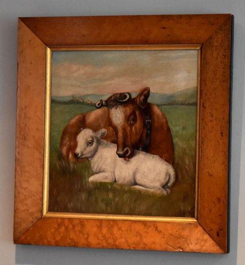 CHARMING VICTORIAN OIL PAINTING OF A COW AND CALF - ADDITIONAL PHOTO 1