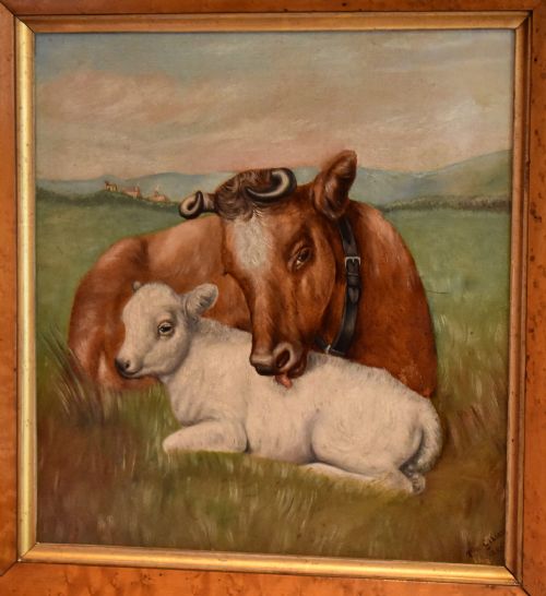 CHARMING VICTORIAN OIL PAINTING OF A COW AND CALF - ADDITIONAL PHOTO 2