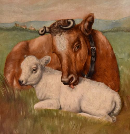 CHARMING VICTORIAN OIL PAINTING OF A COW AND CALF - ADDITIONAL PHOTO 4
