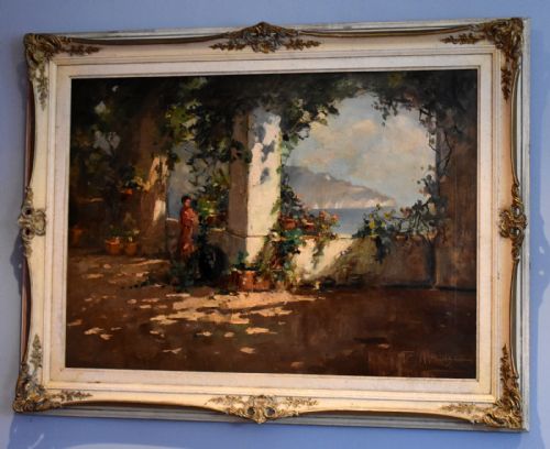 italian oil painting of a terrace by the sea - CATEGORY: ANTIQUE ART - DATED 1920