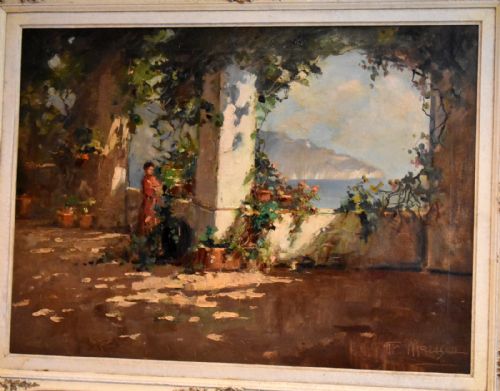 ITALIAN OIL PAINTING OF A TERRACE BY THE SEA - ADDITIONAL PHOTO 1