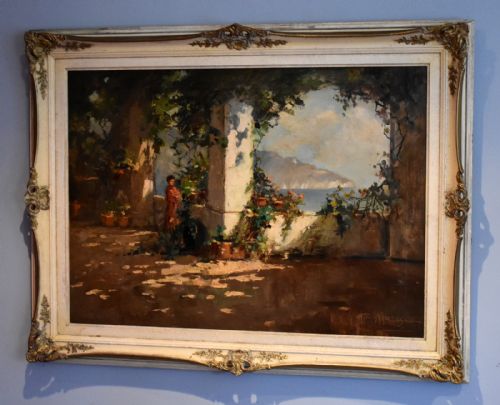 ITALIAN OIL PAINTING OF A TERRACE BY THE SEA - ADDITIONAL PHOTO 2