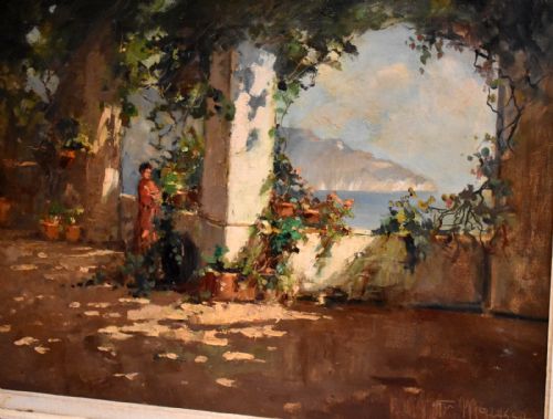 ITALIAN OIL PAINTING OF A TERRACE BY THE SEA - ADDITIONAL PHOTO 5