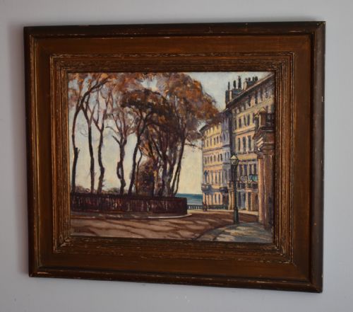 seaside town oil painting by ethel louise rawlins - CATEGORY: ANTIQUE ART - DATED 1920