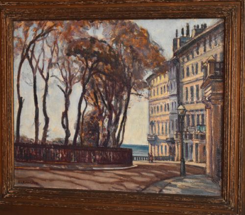SEASIDE TOWN OIL PAINTING BY ETHEL LOUISE RAWLINS - ADDITIONAL PHOTO 2