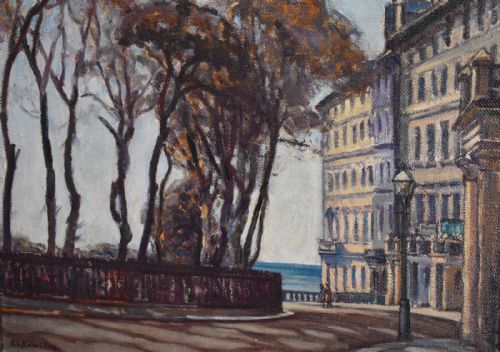 SEASIDE TOWN OIL PAINTING BY ETHEL LOUISE RAWLINS - ADDITIONAL PHOTO 4