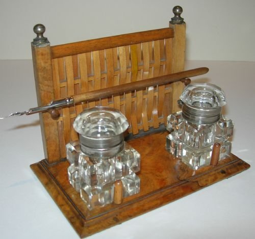Unusual English Victorian Inkwell / Inkstand - Country Fence.
