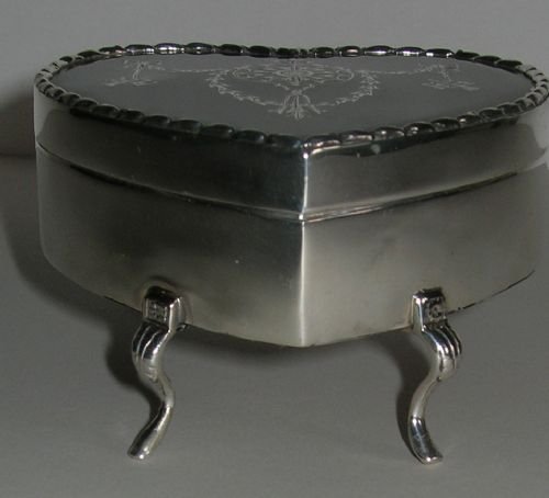 fig 1. Rare English Silver and Tortoise Shell Heart Shaped Jewelry or Trinket Box