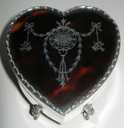 Rare English Silver and Tortoise Shell Heart Shaped Jewelry or Trinket Box