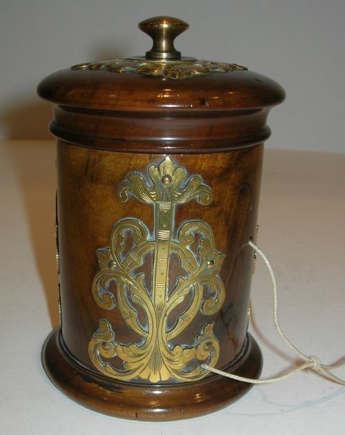 Pristine Antique Turned Walnut String Box / Dispenser - Brass Mounted