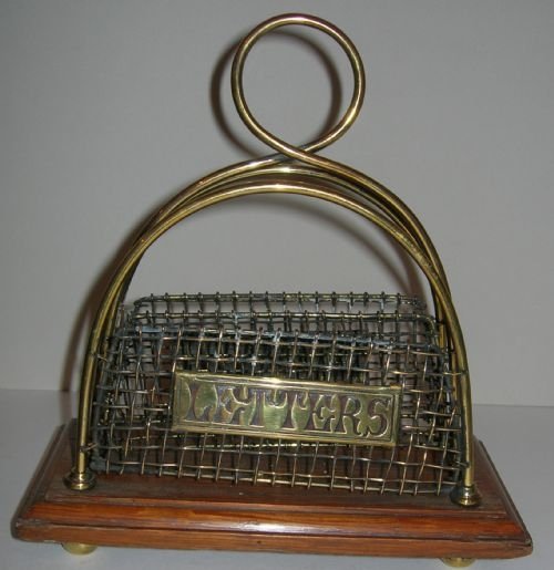 fig 1. Antique Oak and Brass Letter Rack or Holder - Signed
