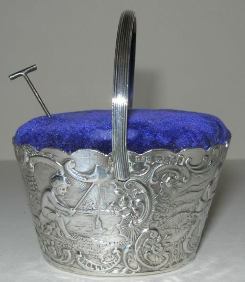 Antique Sterling Silver Pin Cushion - Basket