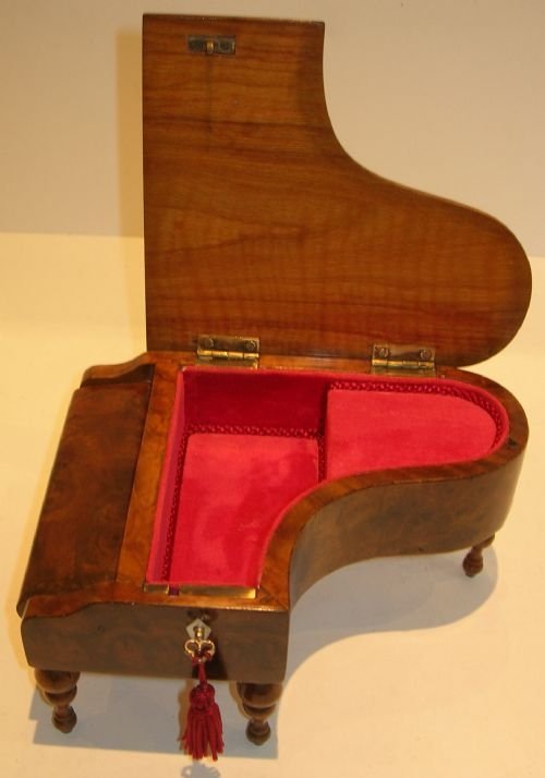fig 1. Antique English Novelty Burr Walnut Musical Jewelry Box - Piano