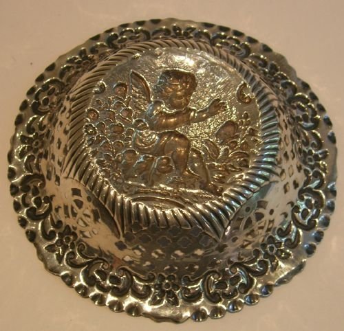 fig 1. Charming and Pretty Antique Sterling Silver Pierced Cherub Dish / Basket