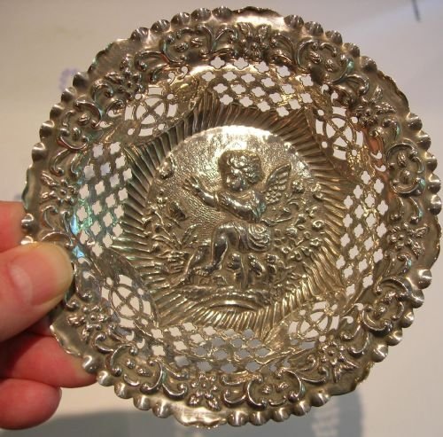 Charming and Pretty Antique Sterling Silver Pierced Cherub Dish / Basket