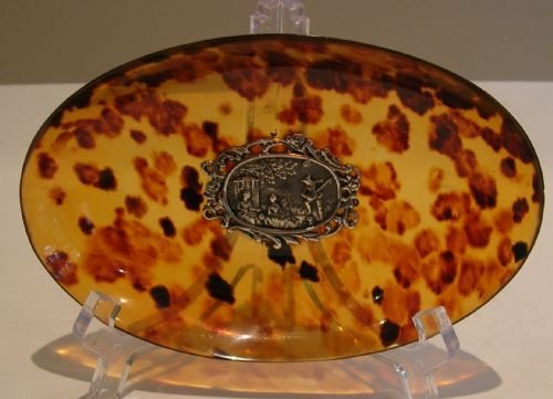 Luminous Antique Tortoise Shell Tray with Scenic Sterling Silver Mount
