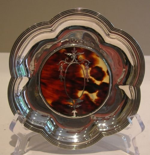 Pretty English Sterling Silver and Tortoise Shell Tray or Dish - Pique Inlay