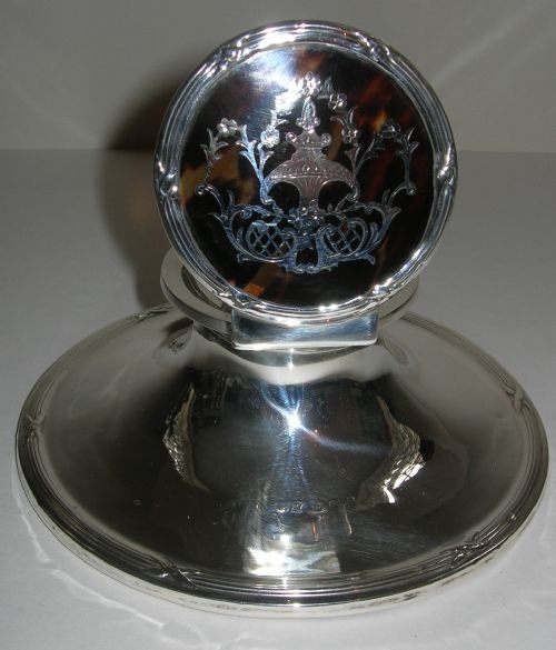 Magnificent Large Sterling Silver and Tortoise Shell Capstan Inkwell