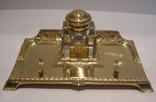 fig 1. Fabulous Large Antique Crystal Inkwell On Brass Art Nouveau Inkstand