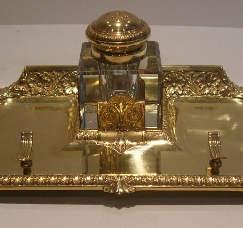 Fabulous Large Antique Crystal Inkwell on Brass Art Nouveau Inkstand