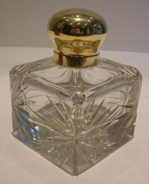 Huge English Antique Cut Crystal Inkwell - Brass Top - Victorian