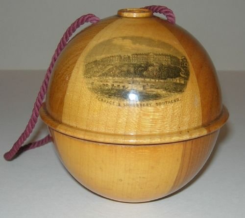 Pristine Antique Mauchline Yarn Ball Box - Dual Woods