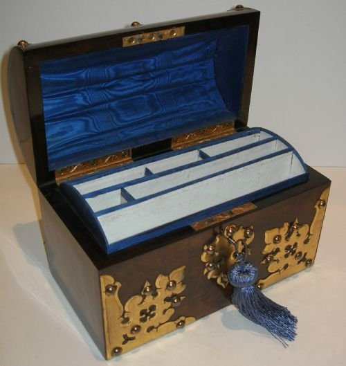 fig 1. Stunning Antique English Burr Walnut Writing / Stationery Box - Gilded Mounts