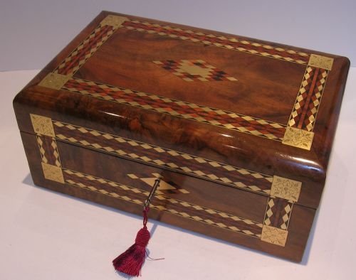 Magnificent Brass and Tulipwood Inlaid Walnut Writing Slope / Box