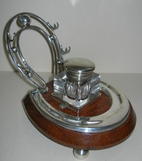 Antique Oak and Silver Plated Inkstand - Equestrian Interest
