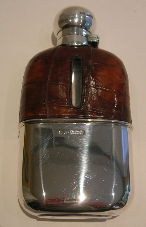 Antique English Sterling Silver and Crocodile / Alligator Skin Hip Flask