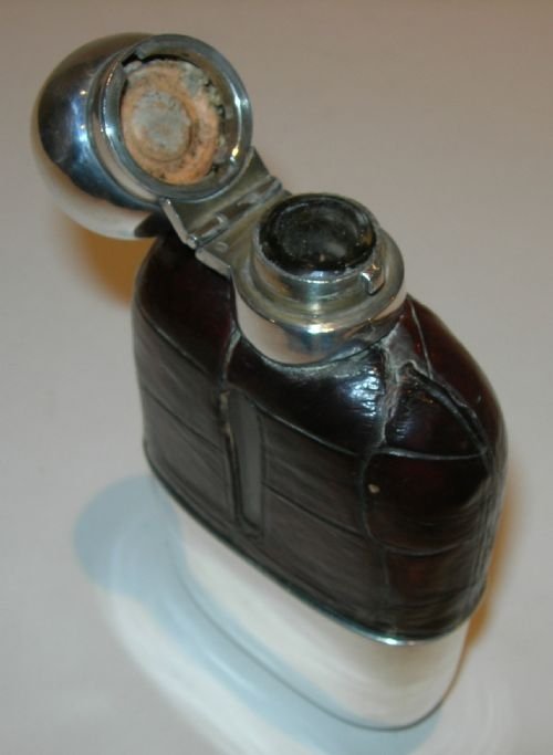 fig 1. Antique English Sterling Silver and Crocodile / Alligator Skin Hip Flask