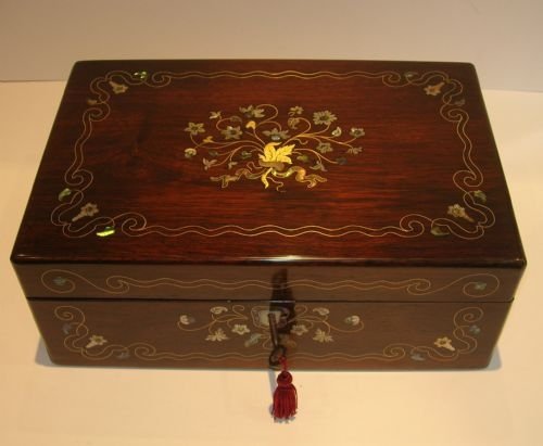 Stunning Antique English Brass and Mother or Pearl Inlaid Rosewood Writing Slope / Lap Desk