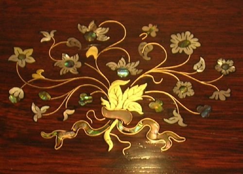 fig 1. Stunning Antique English Brass and Mother or Pearl Inlaid Rosewood Writing Slope / Lap Desk