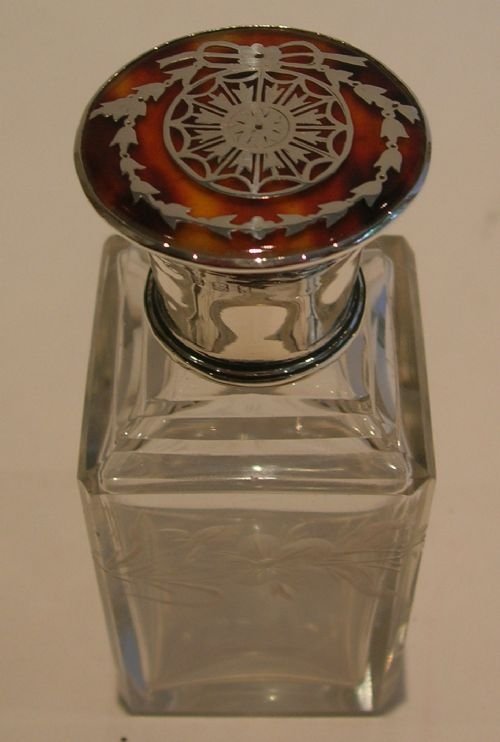 Sterling Silver and Tortoiseshell Lidded Crystal Perfume Bottle