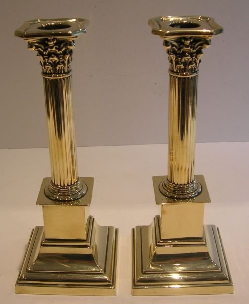 Pair Classic Antique English Brass Corinthian Column Candlesticks - Victorian