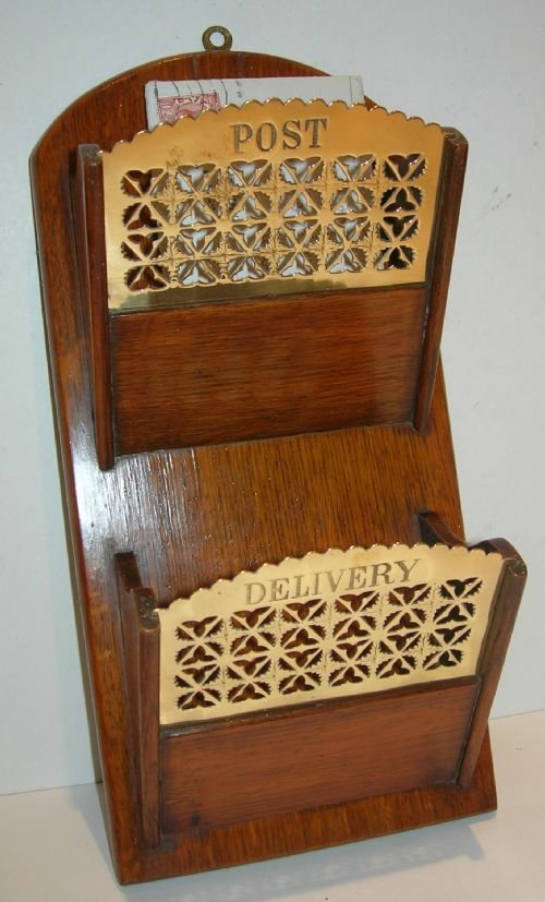 Antique English Oak and Brass Post and Delivery Letter Caddy
