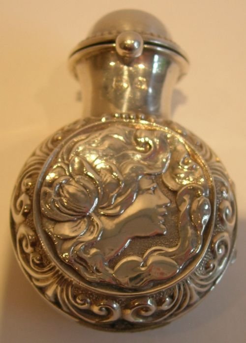 Antique English Sterling Silver Cased Perfume Bottle - Figural - Art Nouveau