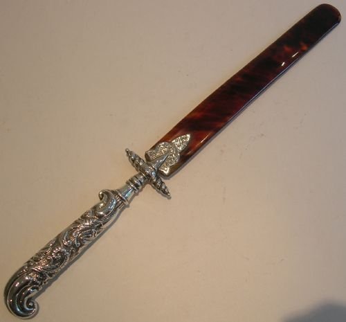 Ornate Antique English Silver and Tortoise Shell Page Turner / Paper Knife