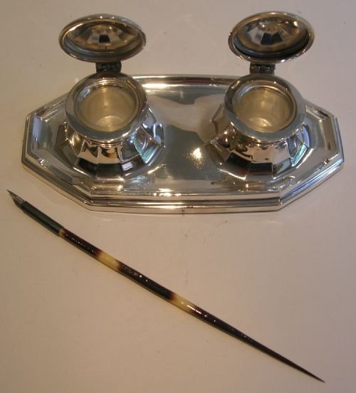 English Sterling Silver Double Inkwell / Inkstand with Pen - 1927
