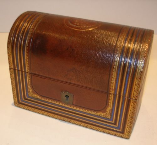 Small Antique Leather Domed Stationery Box - Original Contents - Dated 1864