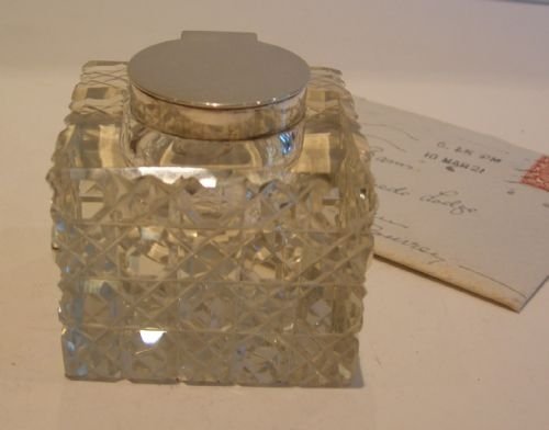 English Hobnail Cut Crystal Inkwell - Sterling Silver Mounted