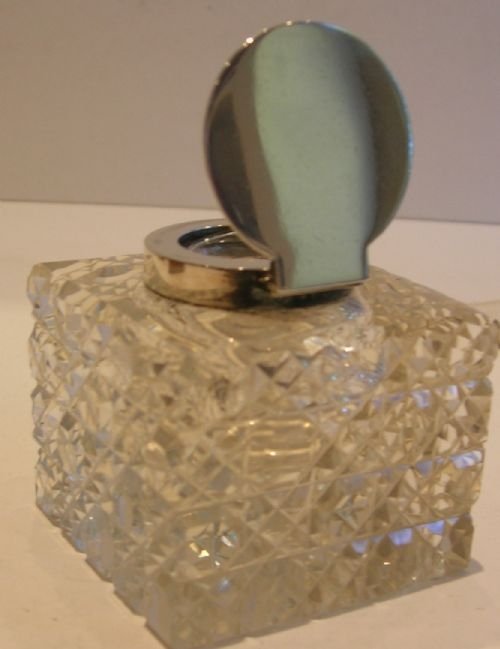 fig 1. English Hobnail Cut Crystal Inkwell - Sterling Silver Mounted