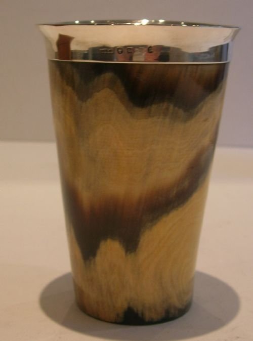 English Victorian Sterling Silver Mounted Horn Cup or Beaker