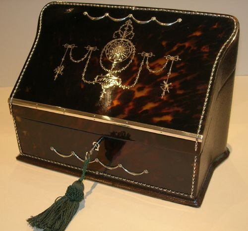 Exceptional Heirloom Quality Antique Tortoiseshell and Sterling Silver Writing / Stationery Box
