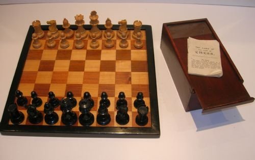 Antique English Chess Board with Boxed Chess Set