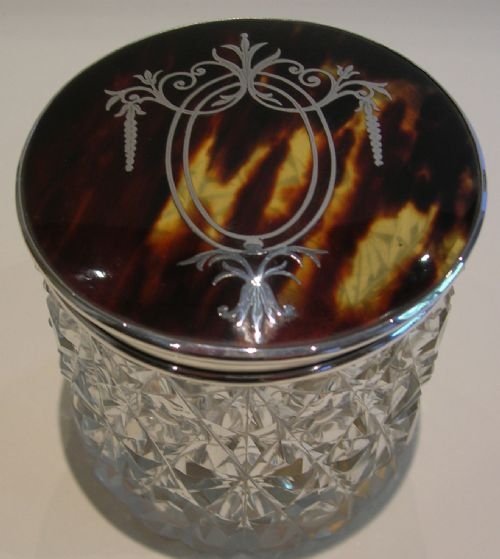 Large Cut Crystal Vanity Jar - Sterling Silver and Tortoise Shell Lid