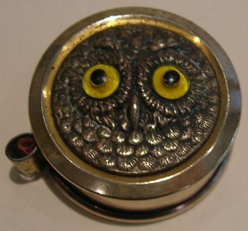 Adorable Victorian Figural Brass Sewing Tape Measure - Owl with Glass Eyes