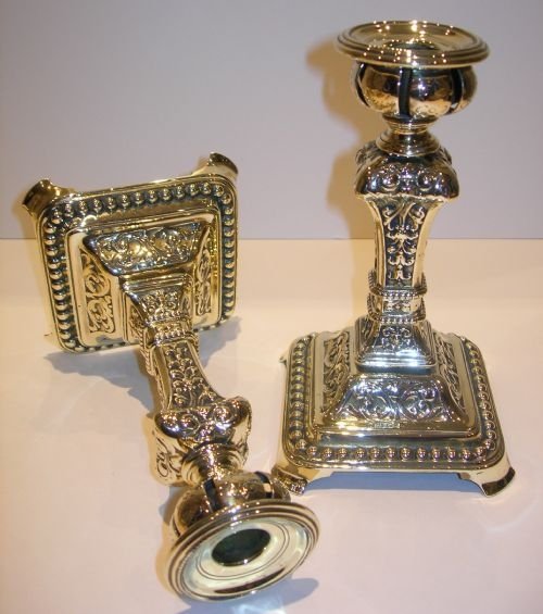 Stylish Pair Antique English Cast Brass Candlesticks C.1860