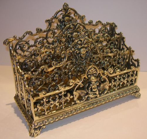 Grand Large Antique English Cast Brass Letter Rack / Stationery Holder - Cherub